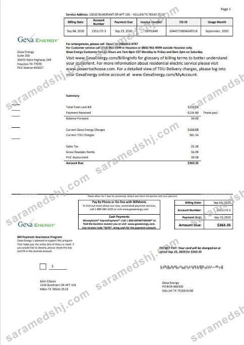 USA Texas Gexa Energy utility bill template in Word format